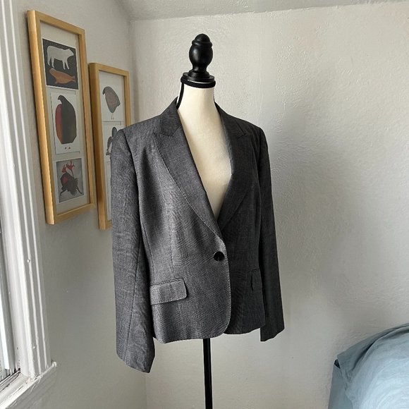 Aquascutum London One Button Closure Gray Check 100% Wool Blazer Women Size 14 - Picture 2 of 10